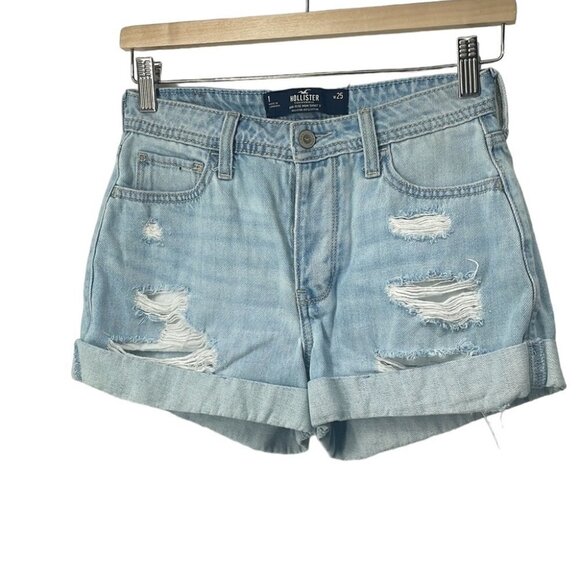 HOLLISTER high rise mom jean shorts 3” light denim distressed beach summer sz 25 - Picture 1 of 9